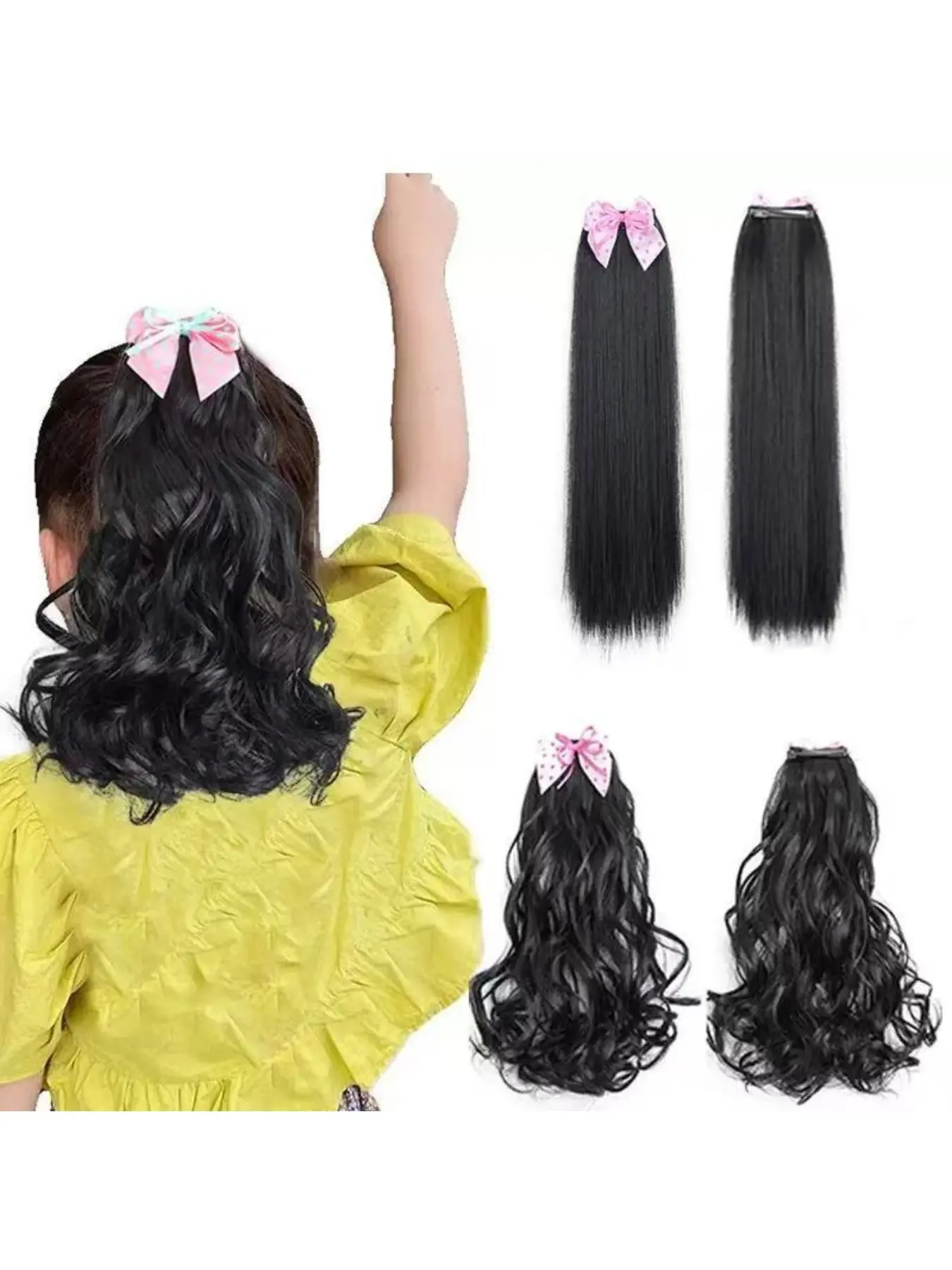 Curly Wig, Straight Ponytail Cute Bow Hairpiece, High Bun Synthetic Fiber Hair Accessory for Kids, Children, Cute Hair Accessories, Hair Style Accessory