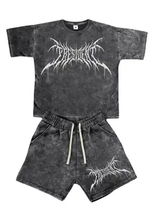 Men’s washed vintage cotton summer streetwear set featuring retro heavy metal graphic prints; casual commuter two-piece: crewneck short-sleeve T-shirt + shorts. Vintage 2000s style. Suitable for running, golf, fishing, basketball, camping, gym, swimming,