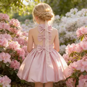 6112 Childrens Sleeveless Neck Hanging Bow Mesh Fluffy Skirt Wedding First Birthday Banquet Stage Host Piano Show Performance Dress