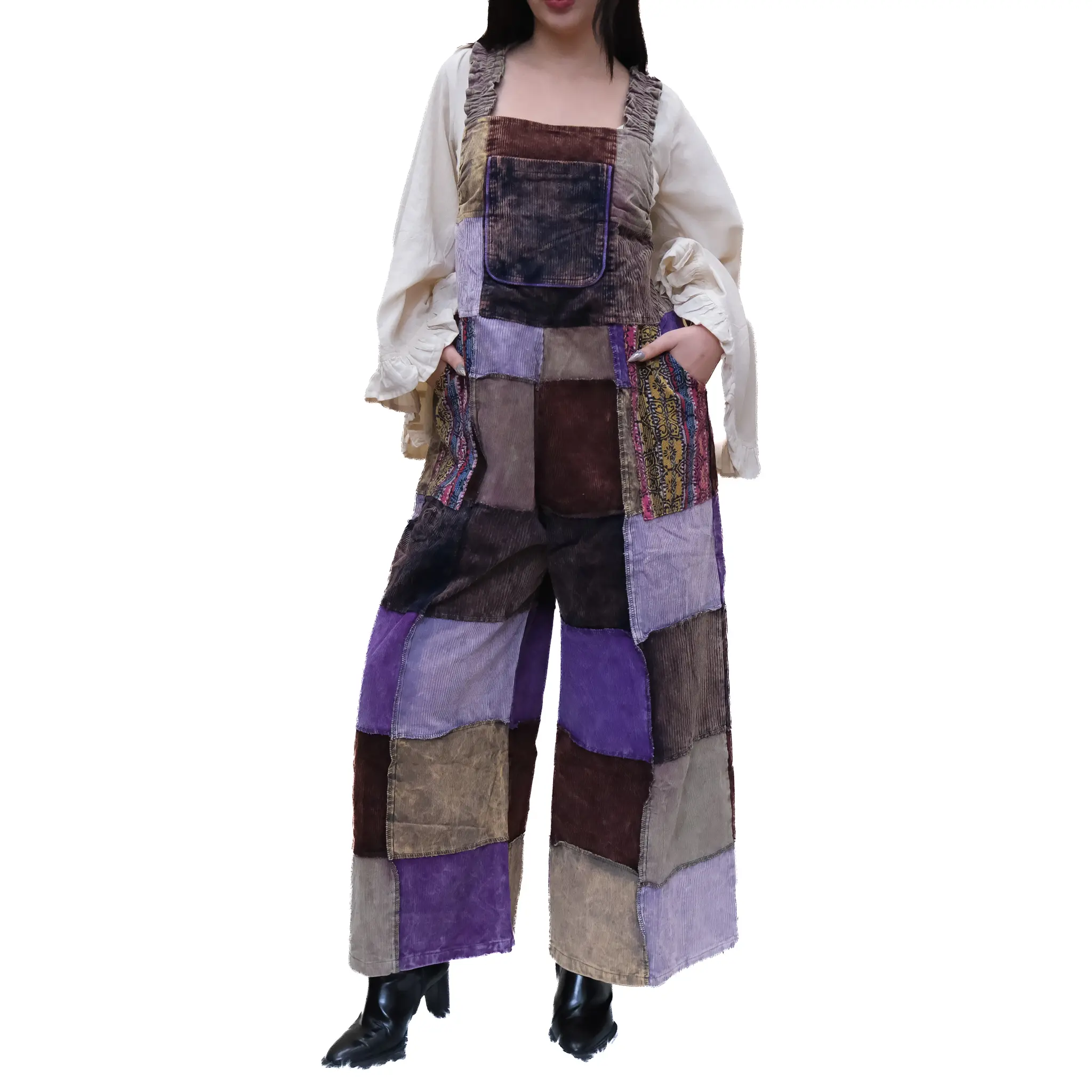 Women's Soft Cotton Patchwork Corduroy Wide Leg Jumpsuit - Adjustable Strap Buttoned Fit, Elastic Stretchy Boho Hippie Overalls, Unique Earthy Color Fall Winter Oversized Handmade Dungarees