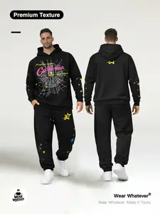 Streetwear Spider Web Star Letter Print 2-Piece Set, Loose Hoodie + Fleece Pants, Casual Warm Breathable, Unisex Fashion