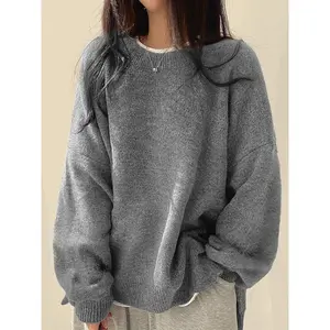 Women's Drop Shoulder Split Hem Sweater, Casual Long Sleeve Round Neck Jumper, Women's Knitwear Top for Fall & Winter, Sweaters for Women