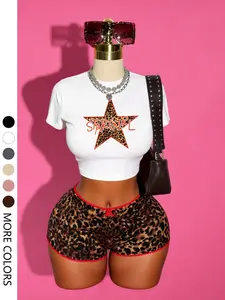 Women's Leopard Print Star Letter Print Round Neck Short Tight-Fit Casual Summer Top, Fashionable Daily Wear & Vacation