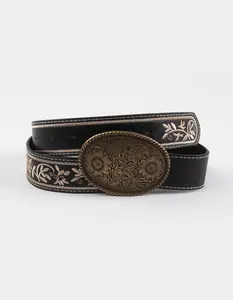 Floral Embroidered Belt, Black Gold