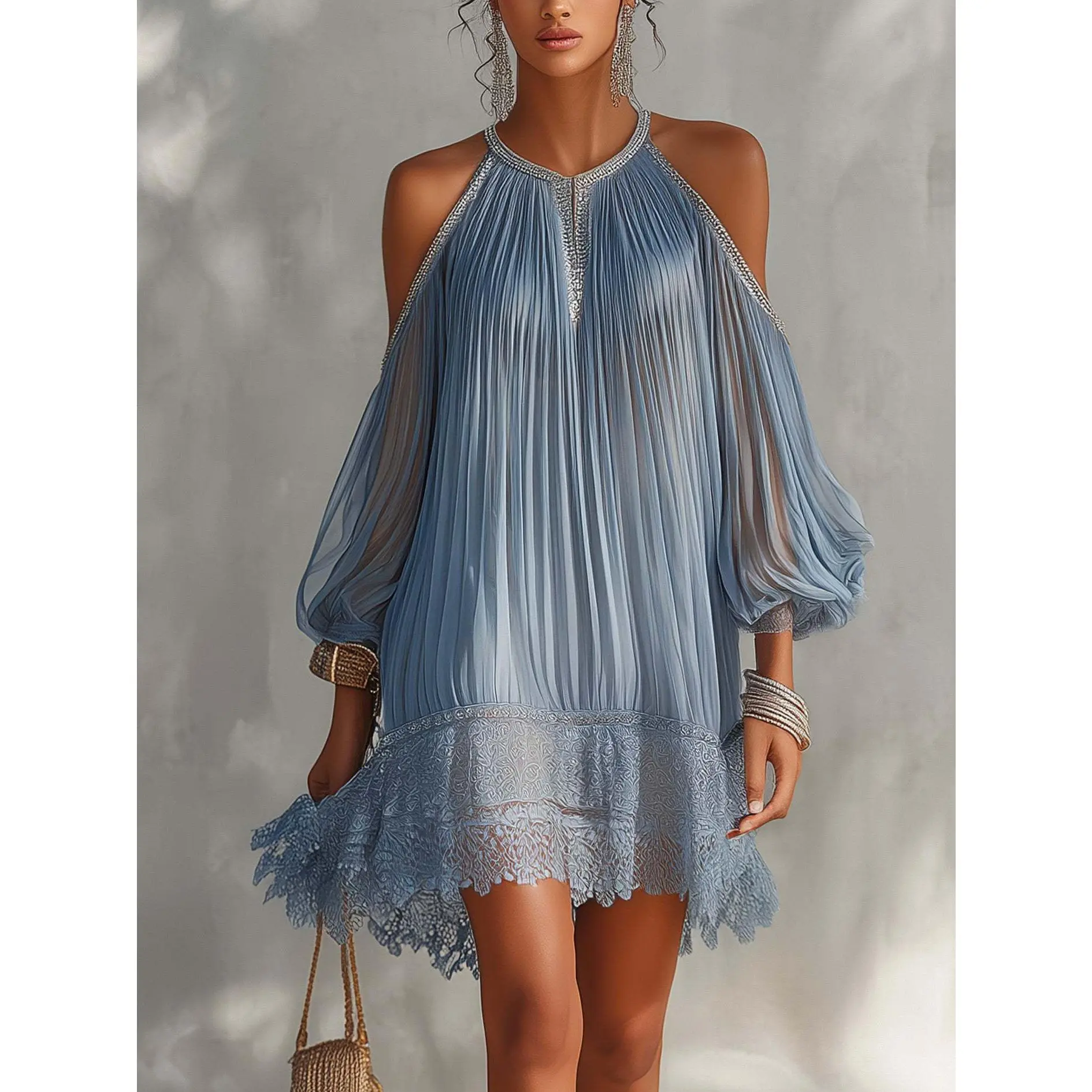 2026 new women's pleated chiffon dress loose puff sleeves lace hem vacation beach skirt