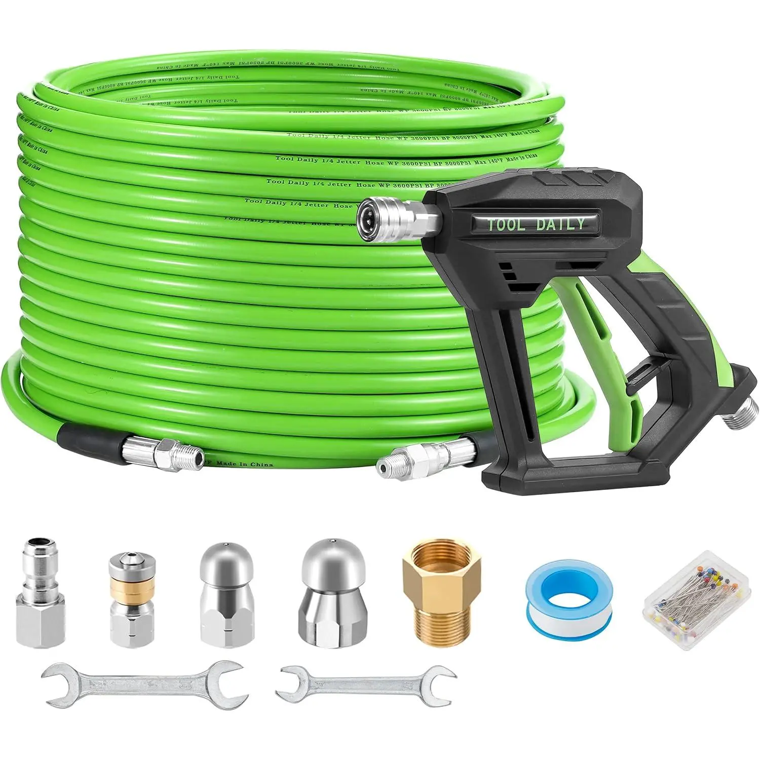 Sewer Jetter Kit for Pressure Washer 100 FT, Short Washer Gun, Drain Cleaner Hose 1/4 Inch NPT, Corner, Rotating and Button Nose Sewer Jetting Nozzle, 3600 PSI