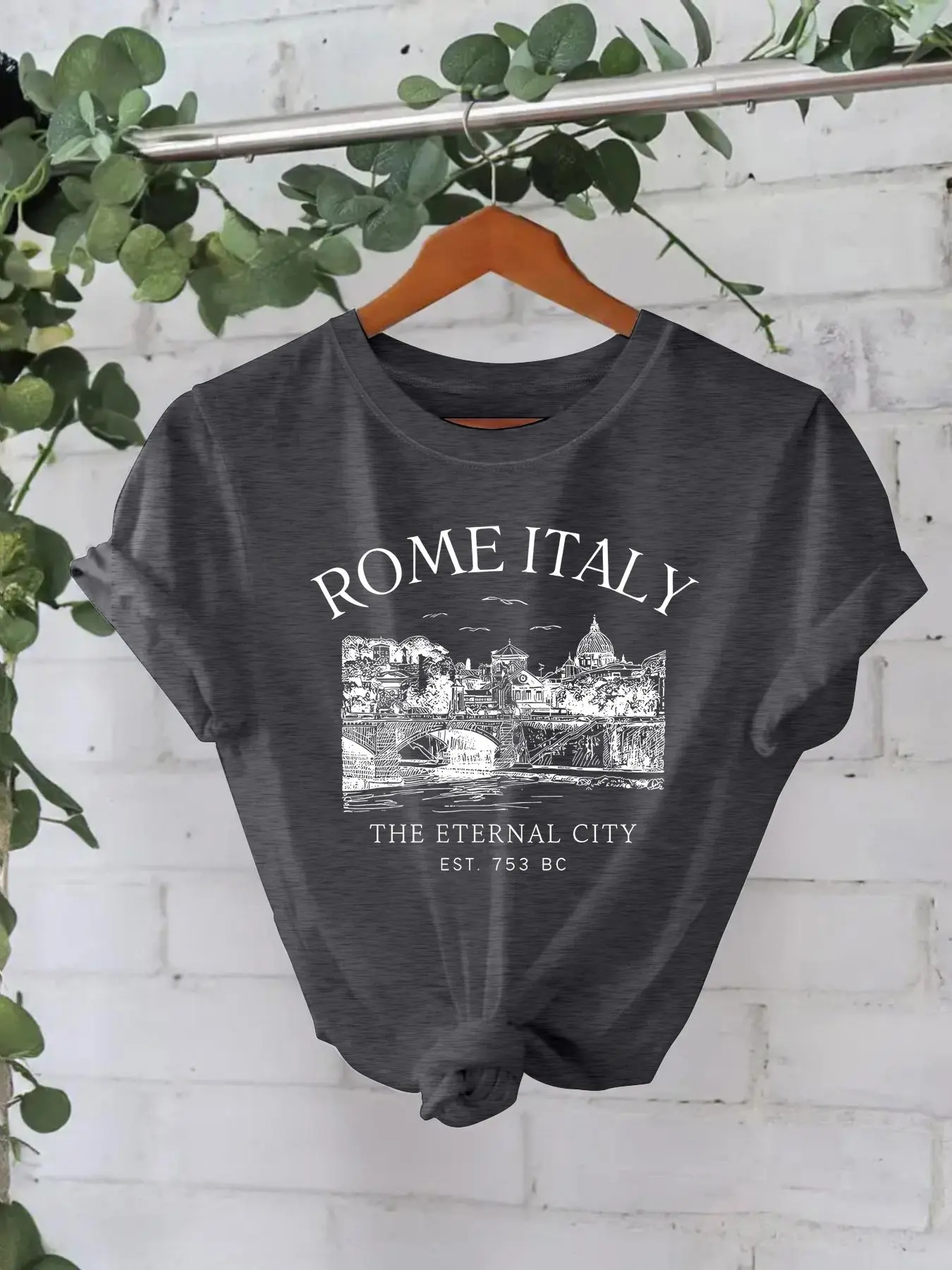 Women's Rome City Print Round Neck Fitted Tee, Casual Short Sleeve T-shirt for Summer, Ladies Clothes for Daily Wear, Top, Womenswear