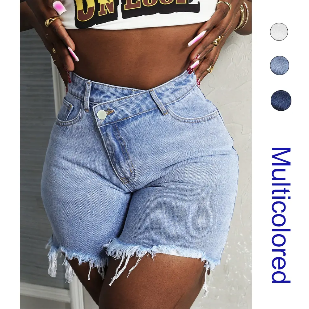 Women's Fashionable Denim Shorts Summer High Waisted Dressy Irregular Botton Short Jeans
