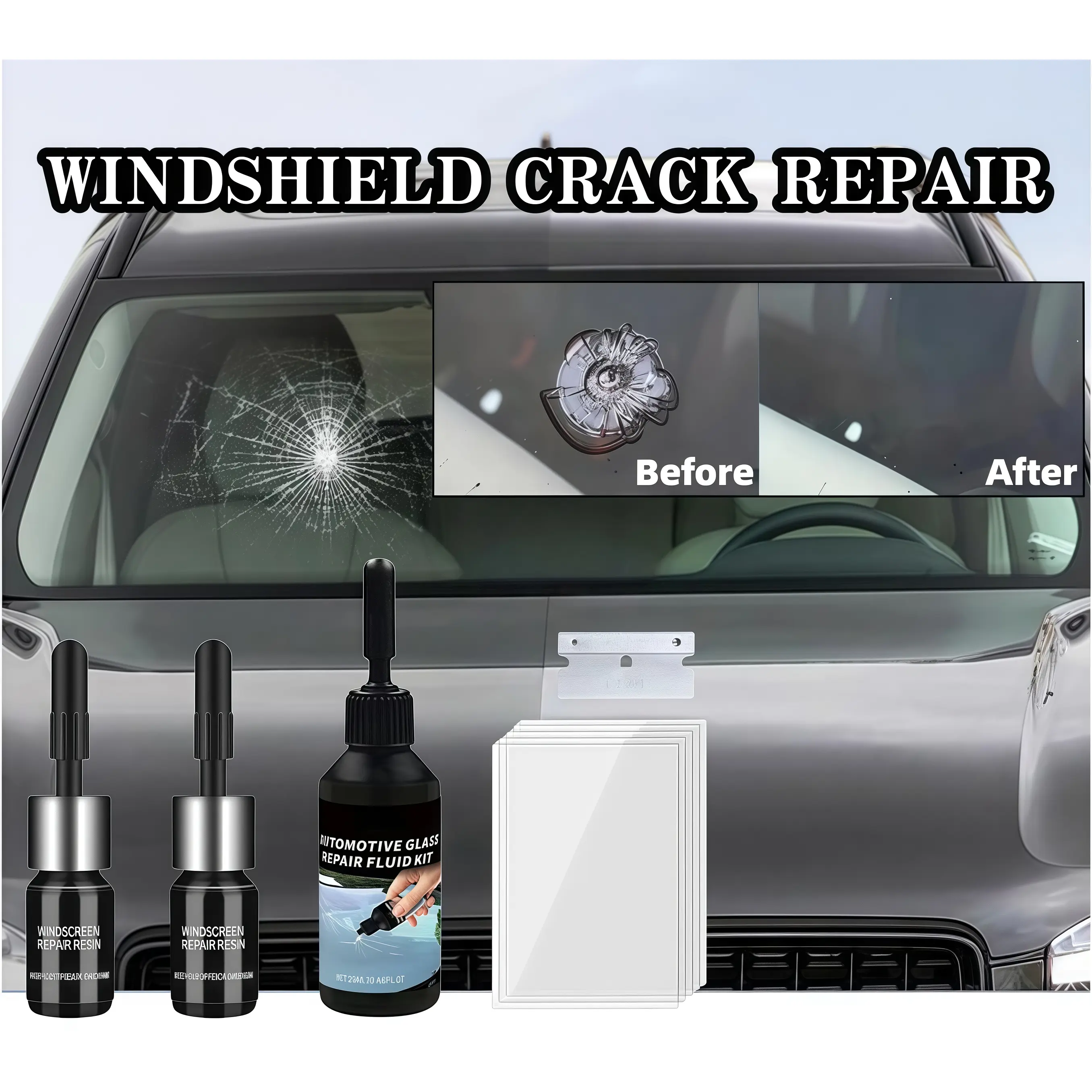 Cracked Windshield Repair Kit, Automotive Glass Repair Tool Set with 2 Resin Bottles for Chips, Bulls-Eye, Star Breaks
