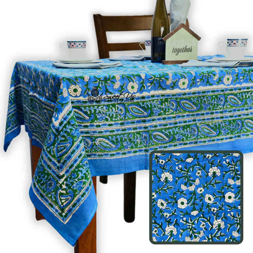Royal Paisley Cotton Hand-Block Tablecloth — Ocean Blue