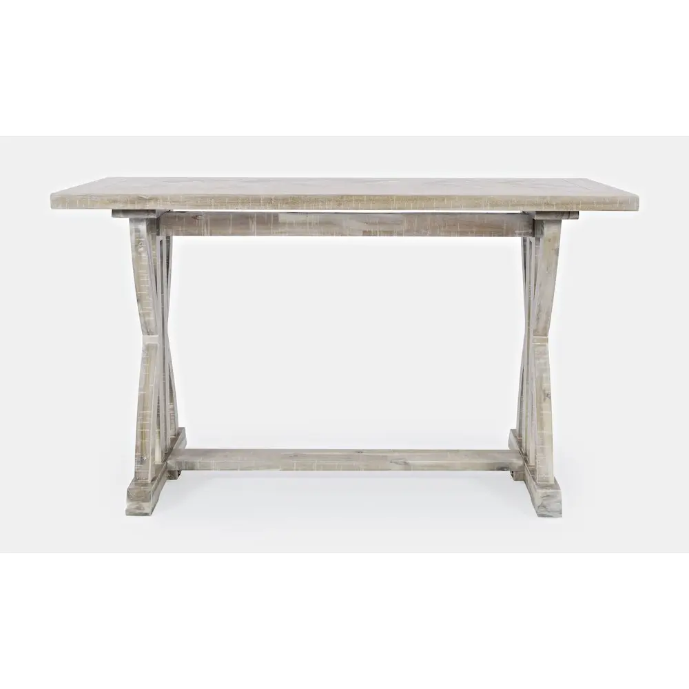 Fairview Transitional Herringbone Sofa Table - Distressed Acacia Wood, Curved Beams, Distressed Look, Double Pedestal, Trestle Base, Chevron Patterned Wood