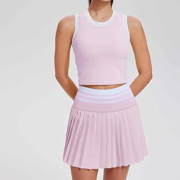 Women's 2-Piece Sportswear Clothing Set - High-Waisted Pleated Tennis Skirt Set with Pockets for Summer Golf