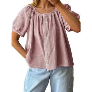 Tankaneo Women’s Puffed-Sleeve Checkered (Gingham) Blouse – Summer Crew Neck, Cute Trendy Casual Button-Down Shirt