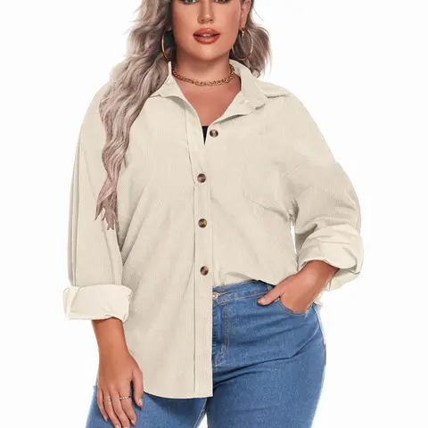 IN'VOLAND Lady's Oversized Women's Plus Size Minimalist Corduroy Shacket - V-Neck Button-Down Coat, Long-Sleeve Retro Batwing/3/4 Sleeve Options, Soft Thin Lightweight Solid, Loose-Fit Fall Casual Top for Women, Business Jacket