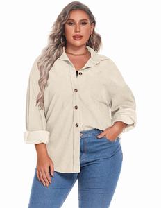 Women's Plus Size Fashion Minimalist Lady Corduroy Shacket - Basic Long-Sleeve Retro Batwing, Soft Thin Lightweight Solid Button-Down, Fall Casual Oversized Loose-Fit Tops Jacket