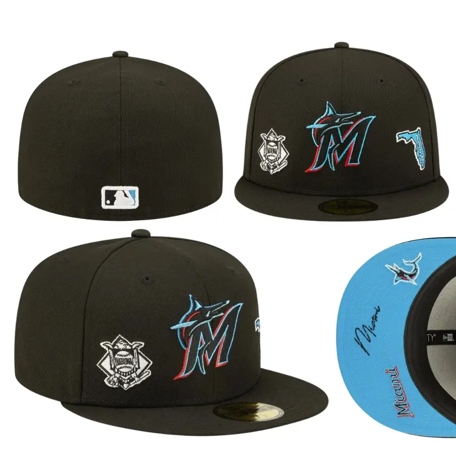 New Era MLB Miami Marlins Identity 59FIFTY Fitted Baseball Cap Black Florida 1993 Side Patch Flat Brim Embroidered Logo Streetwear Hip Hop Vintage TikTok Viral Unisex Gorras Gorra Beisbol