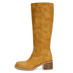 Women's Banana Knee High Boots Square Toe Chunky Block Heel Tall Boots Wide Calf Fashion Comfortable Casual Pull on Long Boots Western Riding Shoes Footwear