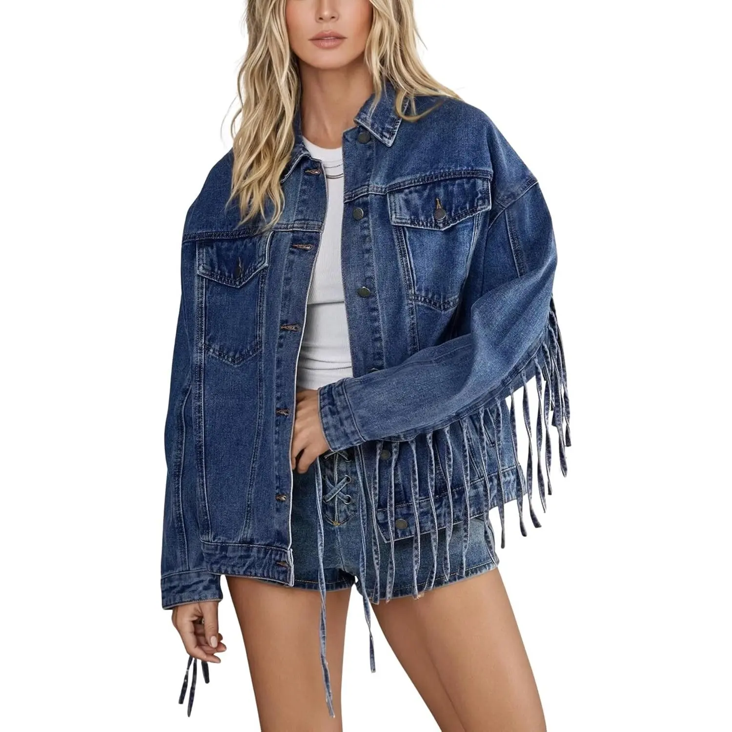 Women's Oversized Denim Fringed Jacket Tassel Jean Jackets Cowgirl Western Country Concert Outfits 2026