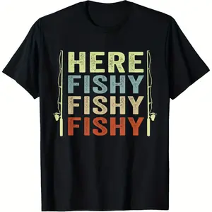 Here Fishy Funny Fishing Rod Fish Fisherman Fisher Retro T-Shirt, Suitable for Mens & Womens Outdoor T-Shirt, 100%cotton