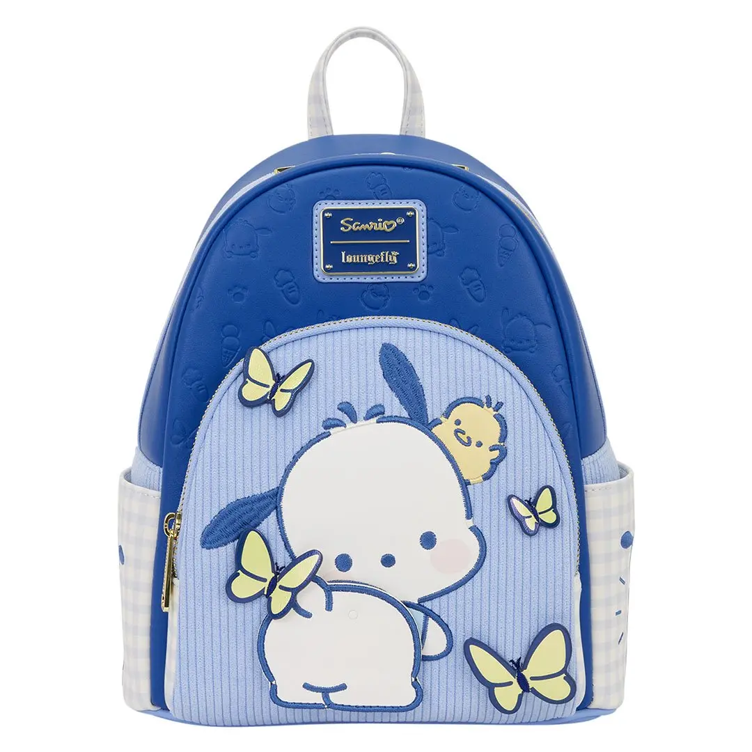 Loungefly Sanrio Pochacco Cute Gingham Mini Backpack for Women, Faux Leather with Iridescent Applique Butterflies, Cute Backpack, Daypack Purse, Collectibles