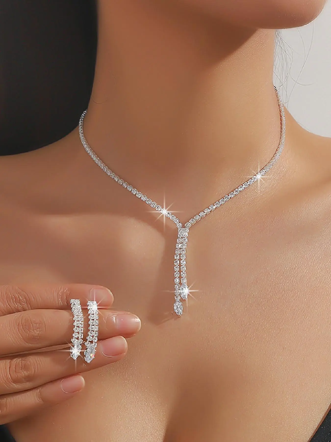 Women's Elegant Artificial Zircon Decorated Necklace & Dangle Earrings, Exquisite Trendy Jewelry Set, Fashionable Jewelry Set for Party Decoration, Teardrop Jewelry Set