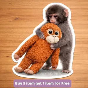 Baby Monkey Punch Sticker, Cute Monkey Hugging Plush, Waterproof Vinyl Die Cut, Laptop Water Bottle Decal Sticker