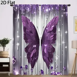 2D Flat 2Pcs Glitter Purple Butterfly Print Window Curtains, Sheer Drapes for Bedroom Living Room Home Decor, Light Filtering Privacy Protection Translucent tube bag design