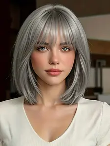 12-Inch Silver Gray Bob Wig with Bangs, Synthetic Fiber Heat-Resistant Short Bob Wig, Natural and Realistic, Suitable for Daily, Parties, Cosplay, Synthetic Hair Wigs