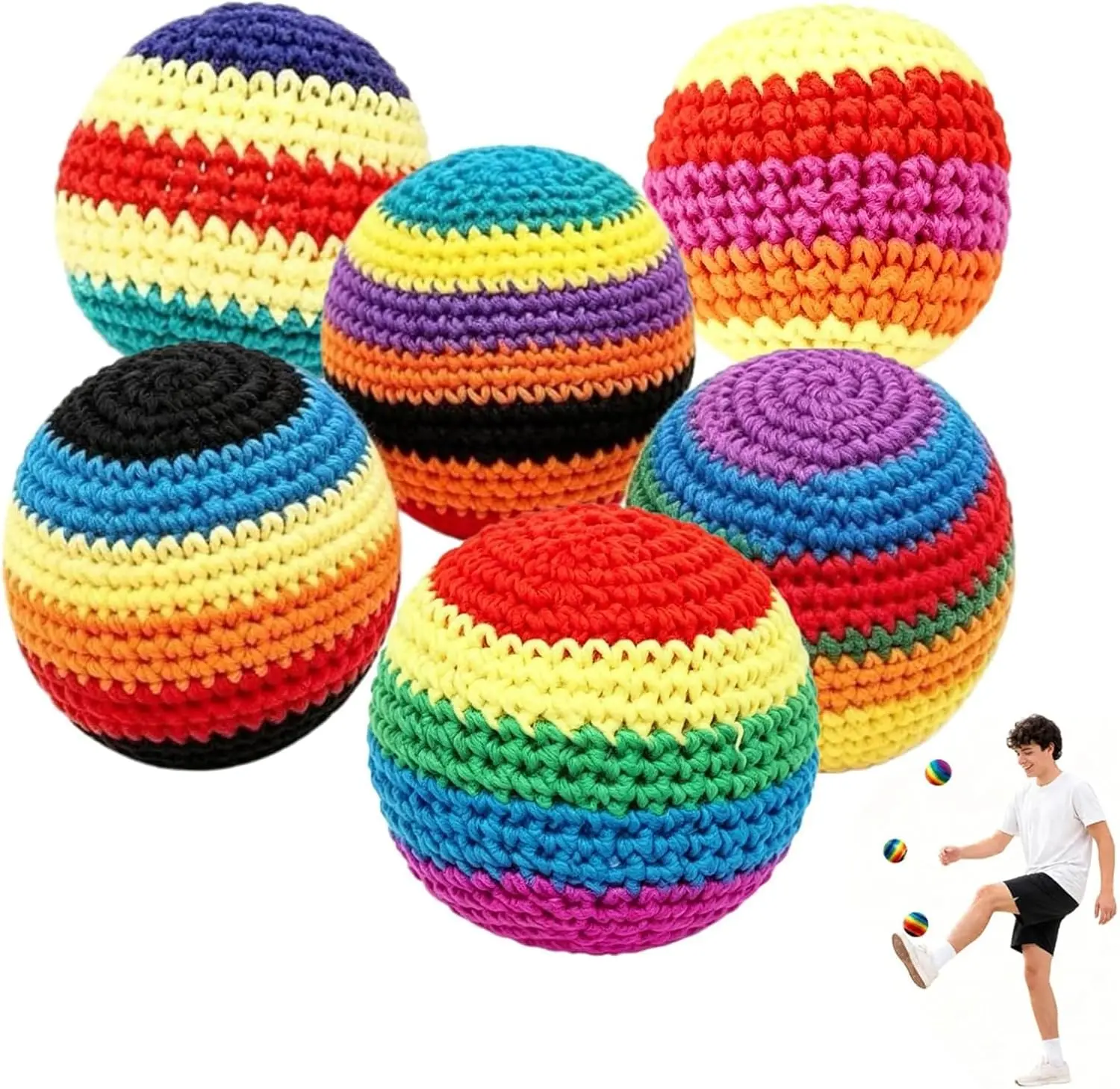 6 Pack Hand-Knit Hacky Sacks - Ultra-Light Compact Soft Foot Bags for Beginners, Tough Juggling Toys That Improves Foot-Eye Coordination & Boosts Balance, Ideal for Outdoor Parties