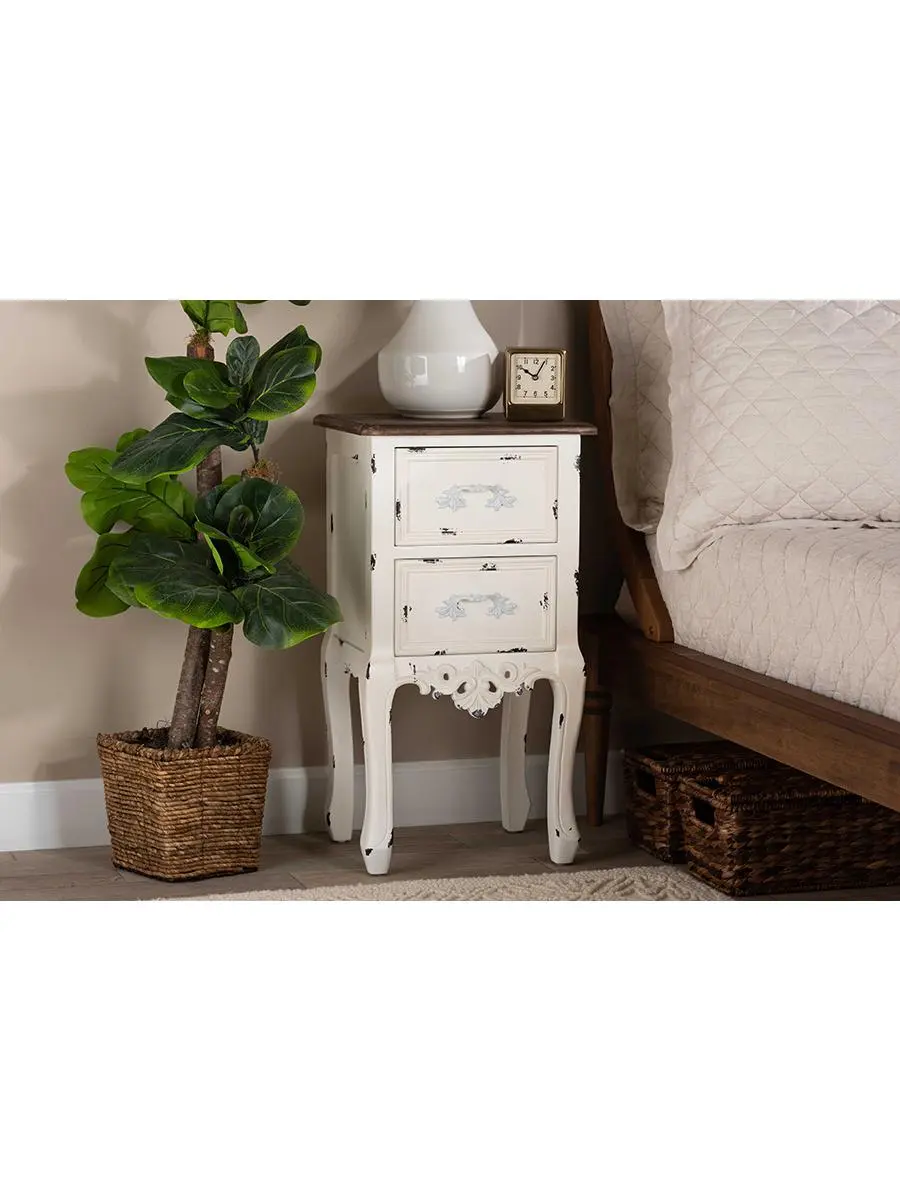 Baxton Studio JY20B091-Antique White-NS 26.77 x 14.57 x 11.81 in. Levron Classic & Traditional Two-Tone Finished Wood 2 Drawer Nightstand, Walnut Brown & Antique White, Nightstand Bedside Table