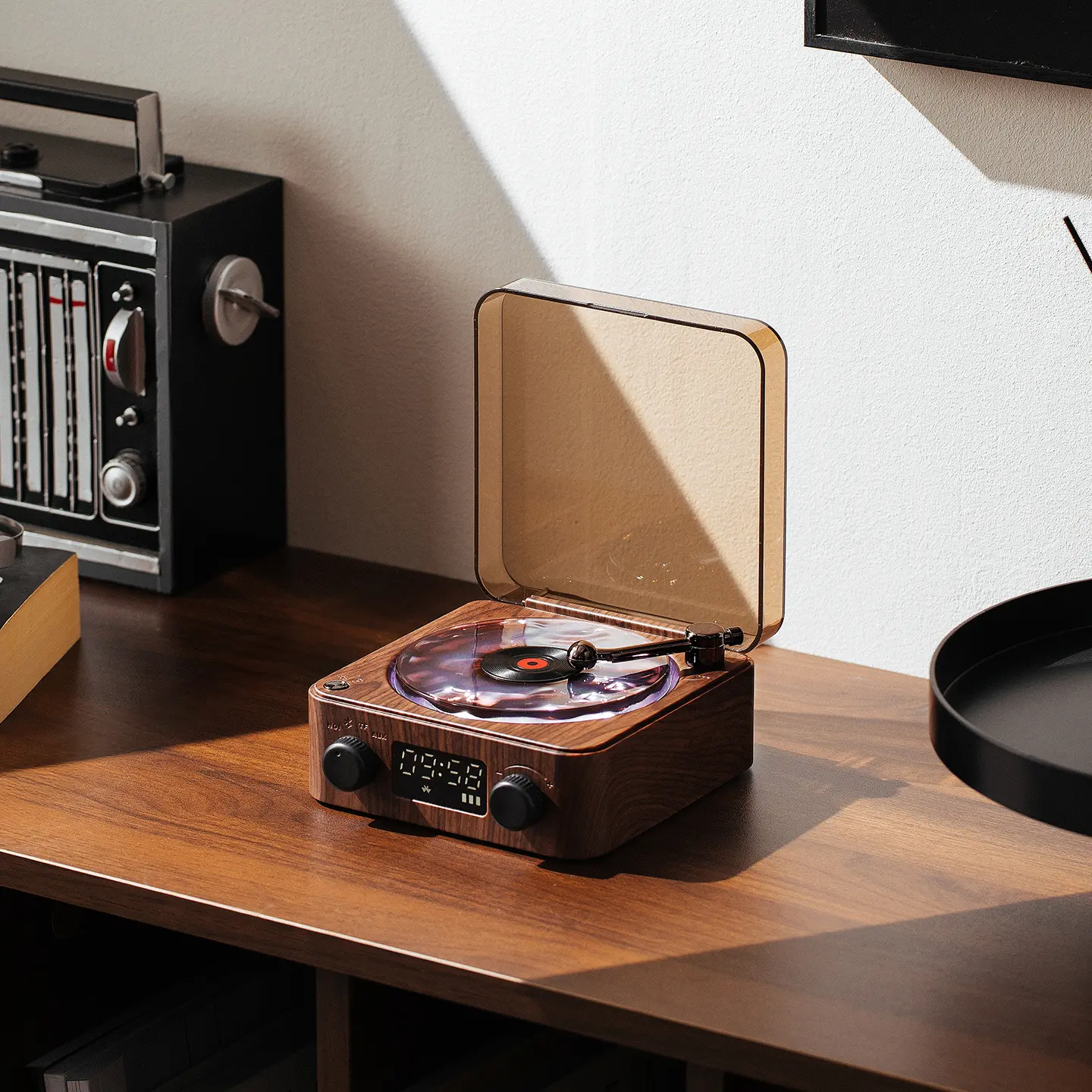 Retro Wood-Grain Wireless Bluetooth Speaker with Waves Vinyl Player Function, Adjustable Vibrant Lights, 3 Natural Sound Effects & White Noise, Room Decor Accessory for Bedroom, Holiday Gifts