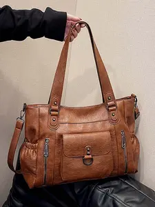 Retro brown distressed shoulder tote bag, multi-pocket design shoulder messenger bag, fashionable three-dimensional pocket design, casual series versatile multi-color optional, suitable for daily travel, business trips, etc.