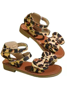Girls' Leopard Print Sandals, Velcro Strap Easy-On, Bow Decoration, Tpr Soft Sole Anti-Slip, Summer Kindergarten Shoes, Baby Sandals