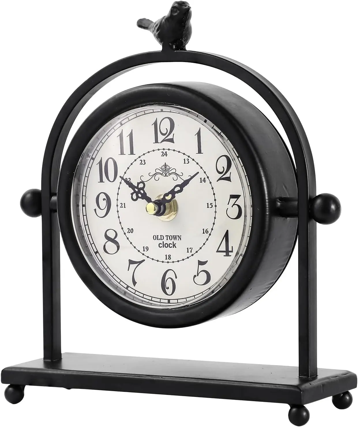Vintage Farmhouse Table Clock with Bird Topper, Silent Non-Ticking Mantel Clock with Closable Back Cover, Black Iron Decorative Desk Clock for Living Room, Fireplace Mantel & Bedroom, 8 Inch