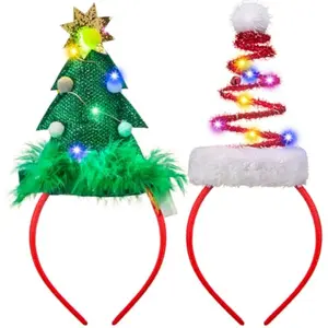 2 PCS Lighted Christmas Headbands with LED lights in Springy Santa Hat Tree Designs for Christmas and Holiday Parties (ONE SIZE FIT ALL)