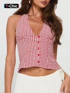 Plaid Deep V Backless Slim Fitted Crop Top Women Sexy Halter Sleeveless Shirt Cropped Cami Top