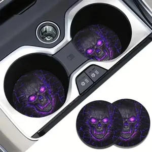 Fashion Skull Pattern Car Coaster, Round Anti-slip Car Cup Holder Coaster, Universal Car Interior Decoration Accessories for Women & Men, Halloween