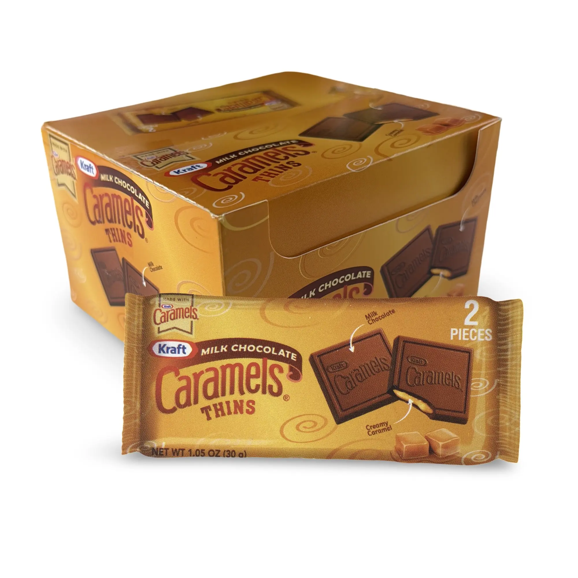 Kraft Milk Chocolate Caramel Thins, 2 Piece Packs 12 Count Box Individually Wrapped Candy