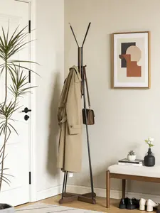 ReclaimedWood&MetalFreestandingCoatRackwith8Hooks,71"TallEntrywayOrganizerforBedroomLivingRoomHallway,NaturalWoodGrain,SpaceSavingApartmentDormEssentials,SturdyCrossBase