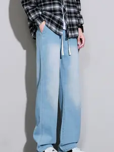 Men's Vintage Wash Drawstring Elastic Waist Straight Leg Jeans, Casual Street Style Denim Jeans for All Seasons