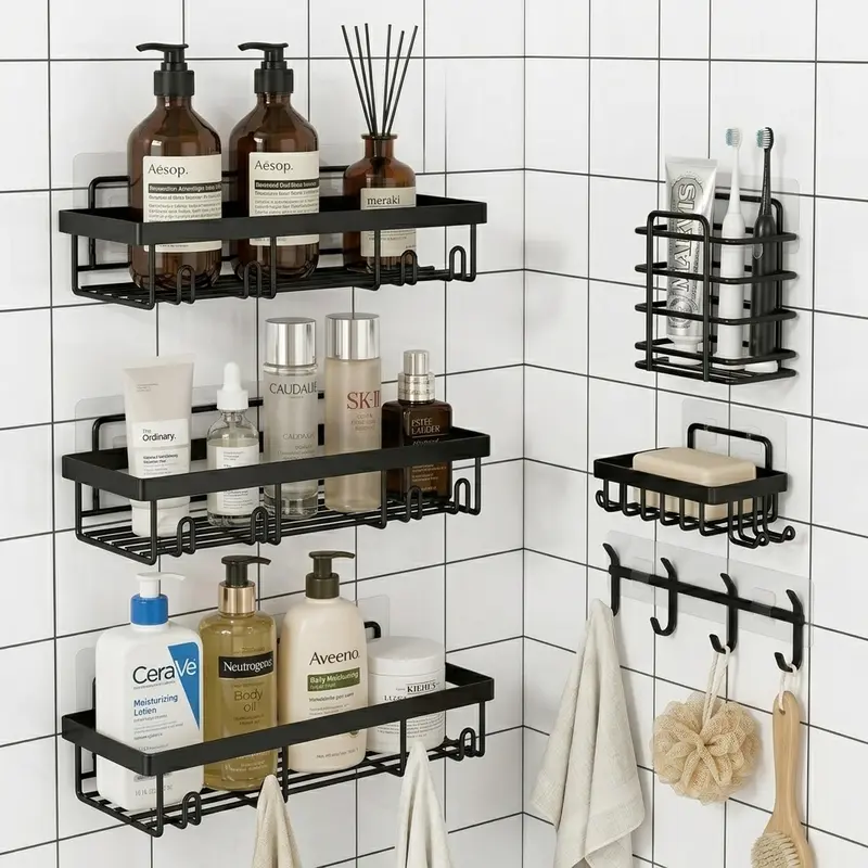 【Fall Essentials】Black Stainless Steel 6-Piece Shower Organizer - No Drill Self-Adhesive Installation, Rust-Proof Waterproof Wall-Mount Storage with Floating Shelves, Soap Dish, Toothbrush/Shampoo Holders, Modern Space-Saving Organization for Renters