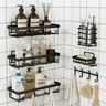 【Fall Essentials】Black Stainless Steel 6-Piece Shower Organizer - No Drill Self-Adhesive Installation, Rust-Proof Waterproof Wall-Mount Storage with Floating Shelves, Soap Dish, Toothbrush/Shampoo Holders, Modern Space-Saving Organization for Renters