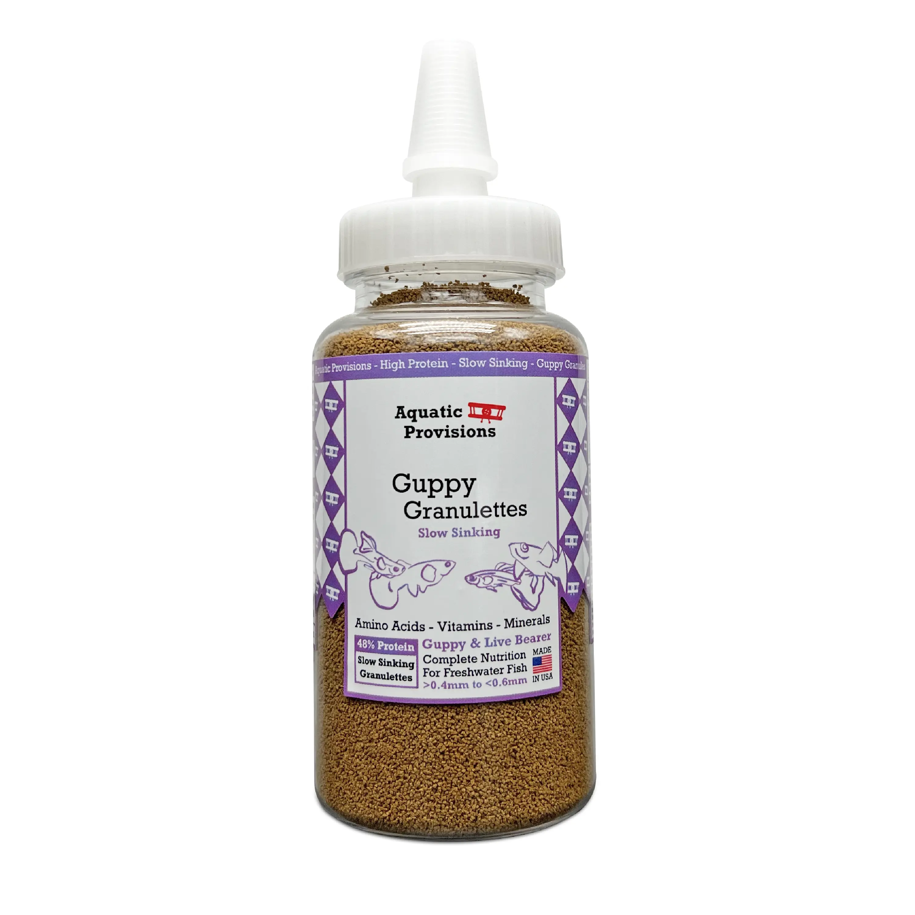 Guppy Granulettes, Slow Sinking Fish Food Granules for Guppies, Made for Freshwater Live Bearers - High Protein - Made in USA