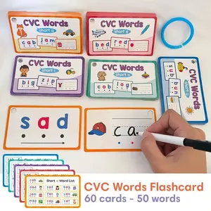 60 Cvc Word Flashcards Reusable Phonics and Visual Words for 4-8 Year Olds, Teacher Approved Spelling Kit with Colorful Illustrations, Visual Stimulation Cards
