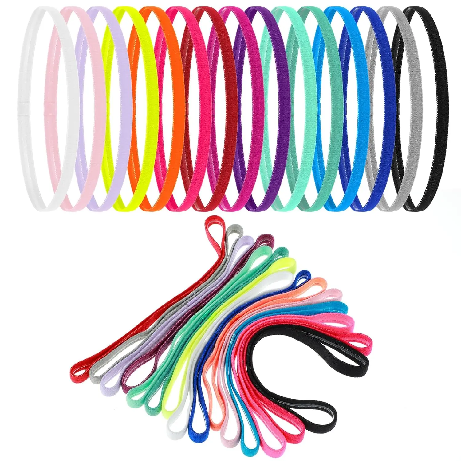 15 count Thin Elastic Headbands, Non Slip Running Headbands For Women And Men (Multi-Colored)