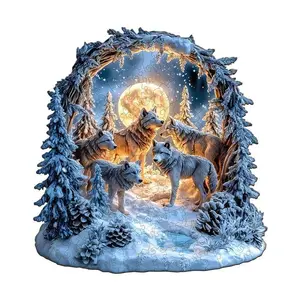 Snowy Night Wolf Pack Wooden Jigsaw Puzzle