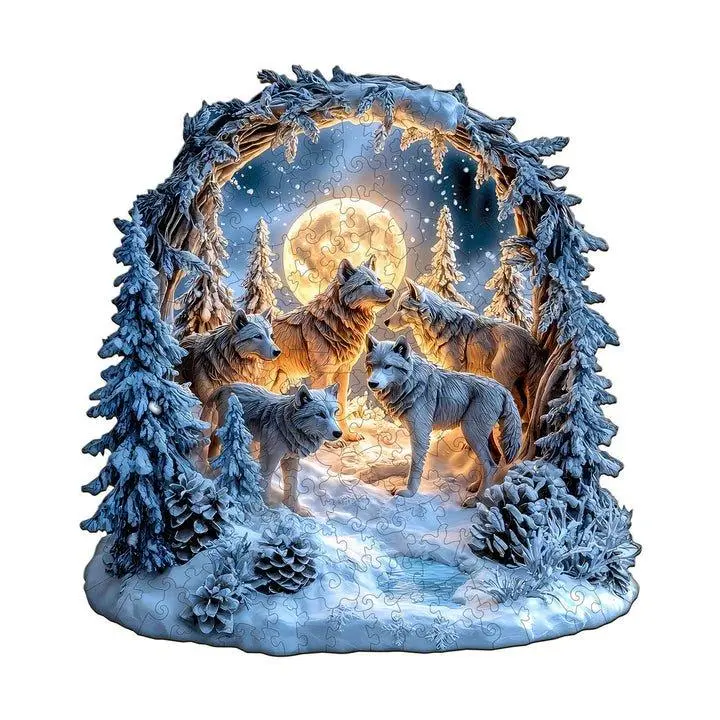 Cognitive Wooden Jigsaw Puzzle - Snowy Night Wolf Pack Animal Shape Toy for Hobbies & Games, Cognitive Wooden Jigsaws