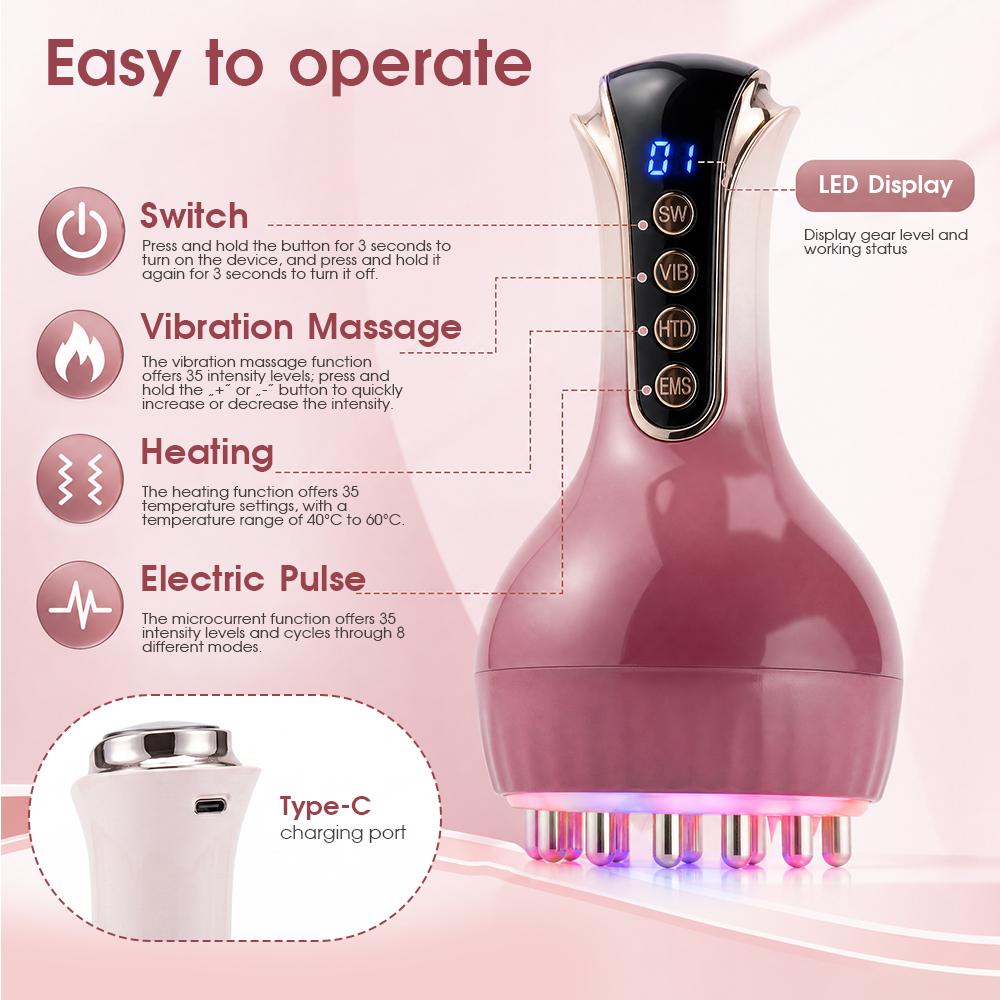 Gradient Pink 3-in-1 Cordless Handheld Massage Device - Electric Meridian Brush, 35-Speed Lymphatic Tool with Red Light, Pulsation, Vibration, USB Rechargeable, Ideal Gift for Parents, Home Care Essential, Cordless Handheld Massage Devices