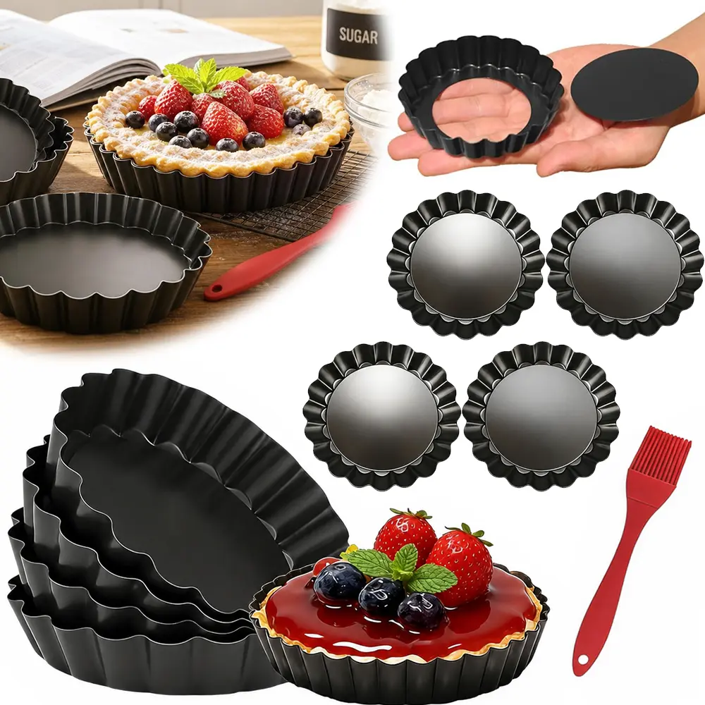 8 Piece 4 Inch Mini Nonstick Carbon Pie Mold Kit, with with Removable Bottom, with Red Brush, Durable Metal Construction, Makes Tarts Quiches or Pies, Great for Holiday Baking or Gift Giving