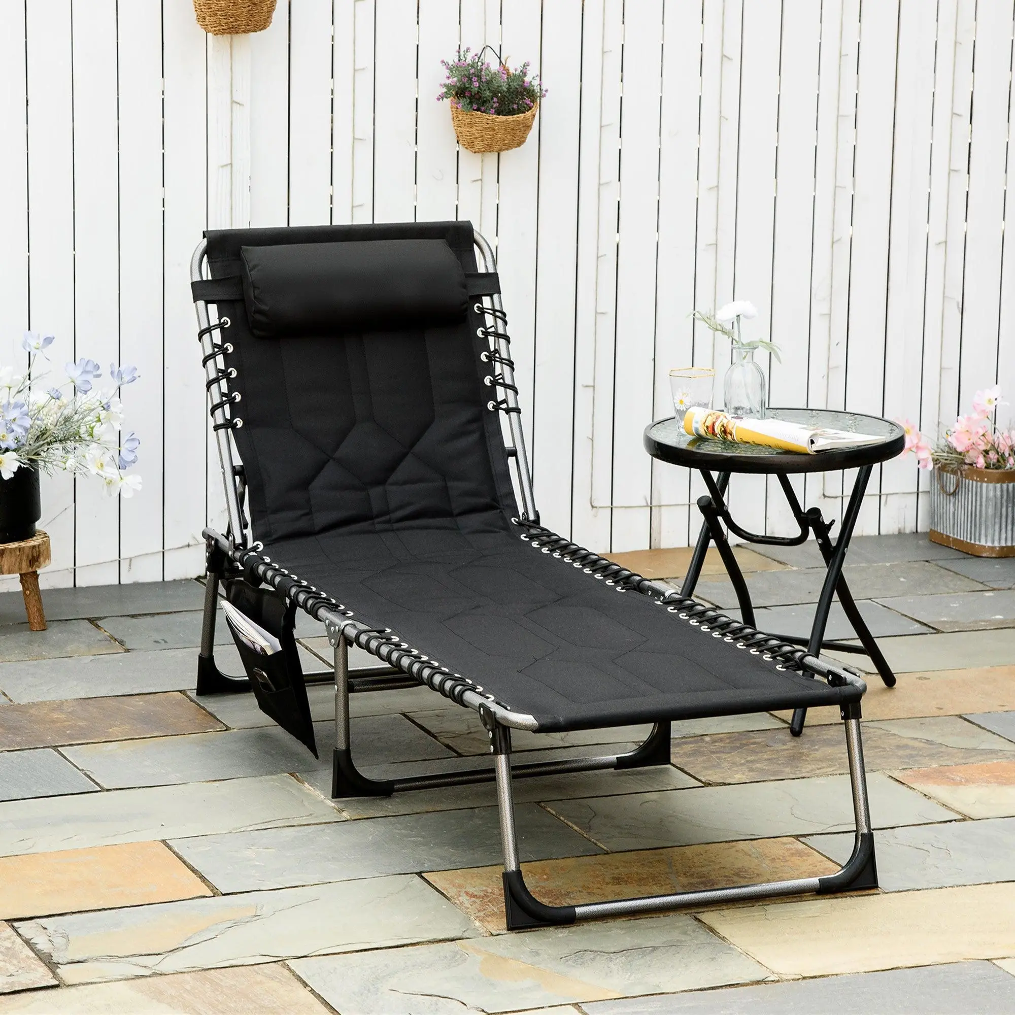 Outdoor Padded Folding Chaise Lounge Chair - 6-Position Reclining Sunlounger with Headrest for Beach, Patio, Pool, Black, Yard, 15.00 Lbs.